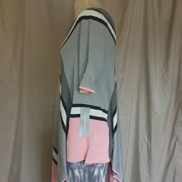 NY Collection Pink & Grey Strip Short Sleeve Asymmetrical Sweater Poncho Sz Md - Picture 2 of 15